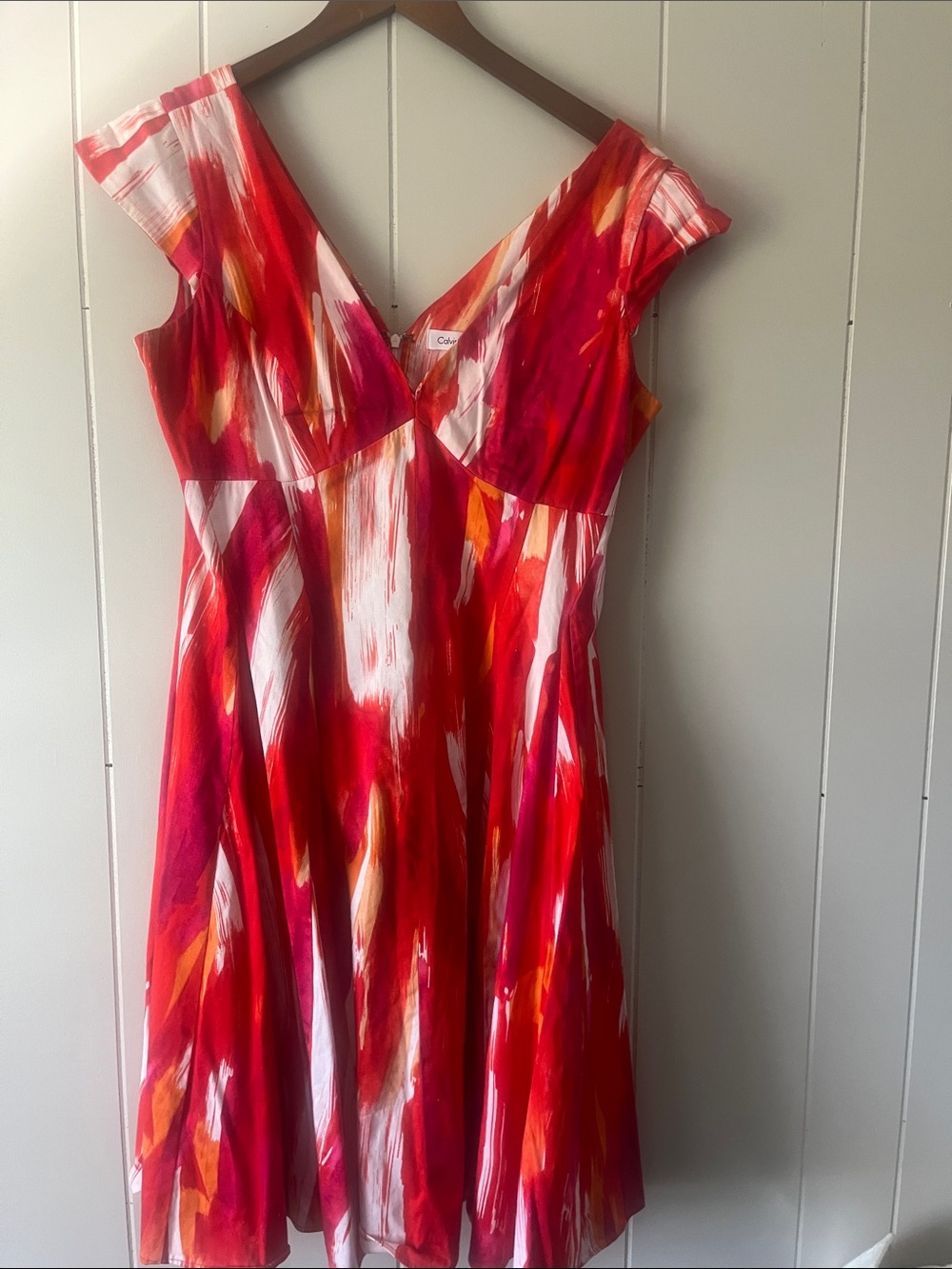 Calvin Klein Red, White & Orange Brushstroke V-Neck Midi Dress